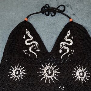 Black Crochet Halter Top with White Sun and Snake Design